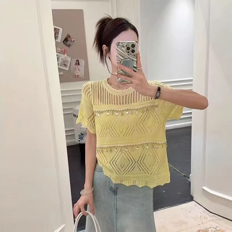 J家【设计师新款】波西米亚风冰凉透气镂空针织薄款短袖T恤