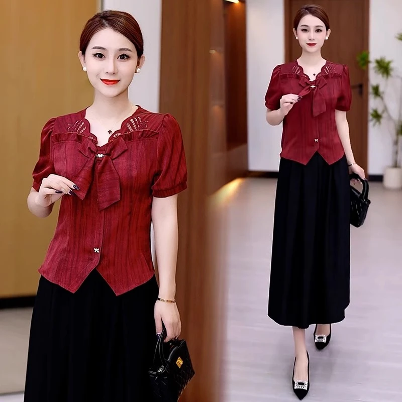 时尚连衣裙套装女2025夏季新款洋气显瘦V领短袖衬衣半身裙两件套