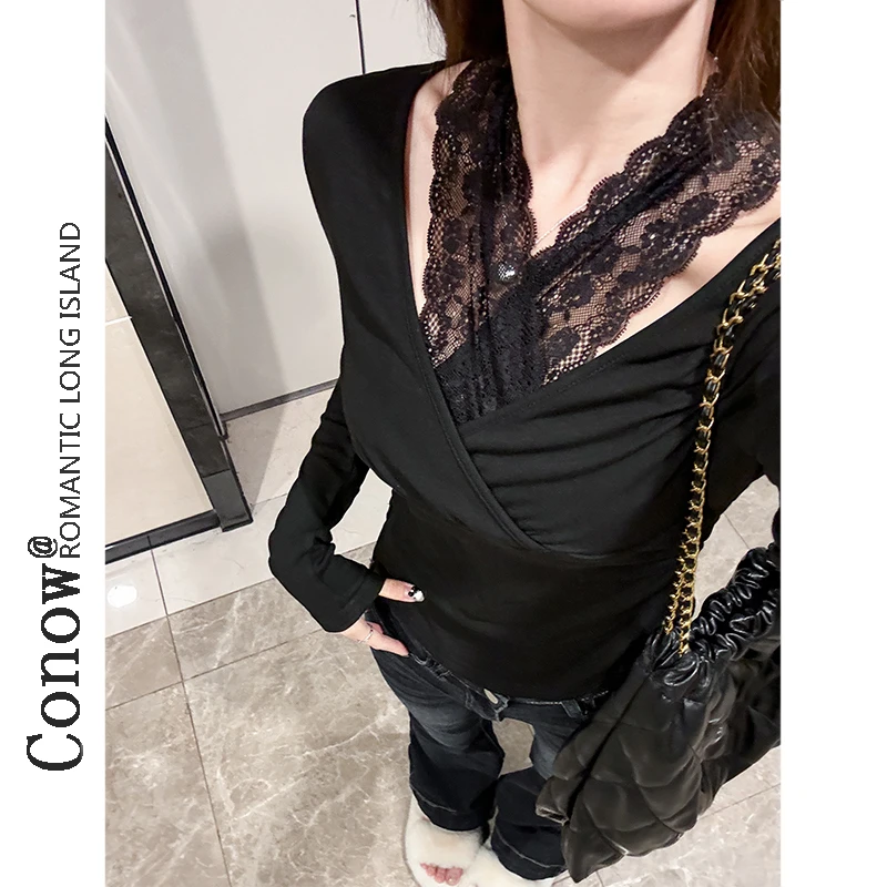 多种穿法春秋新款蕾丝拼接打底衫加绒t恤女纯欲修身内搭上衣