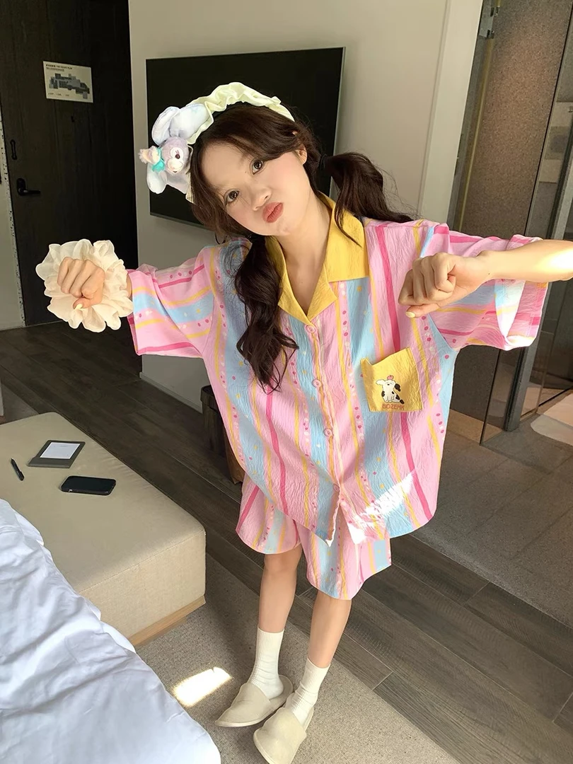 【苹果斑点狗】夏季新款撞色条纹卡通短袖睡衣女宽松家居服套装学生