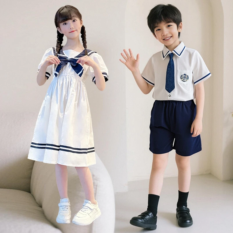 儿童连衣裙学院风夏季新款小学生班服毕业照男童短袖校服六一演出