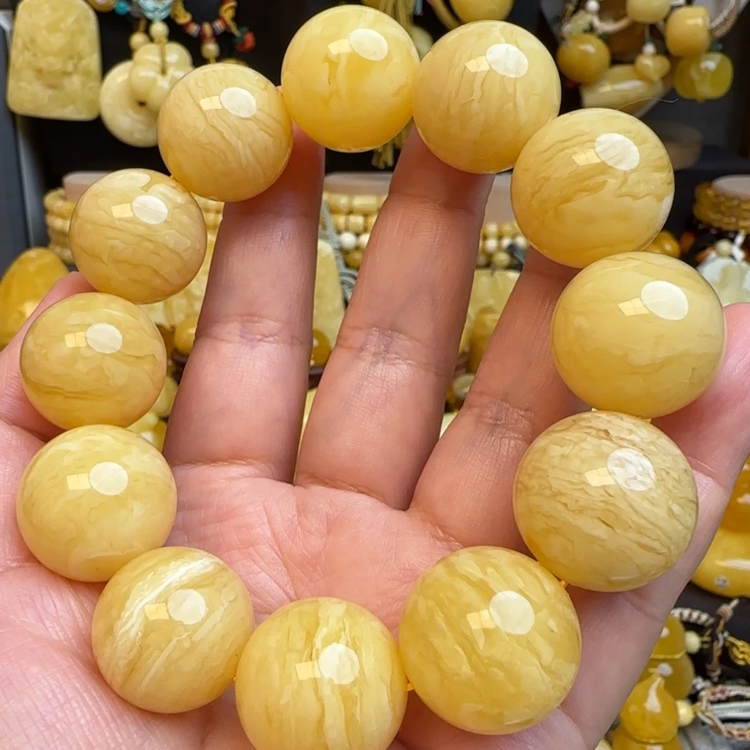 手链琥珀未镶嵌天然俄料千层雪虎皮妖花圆珠手串