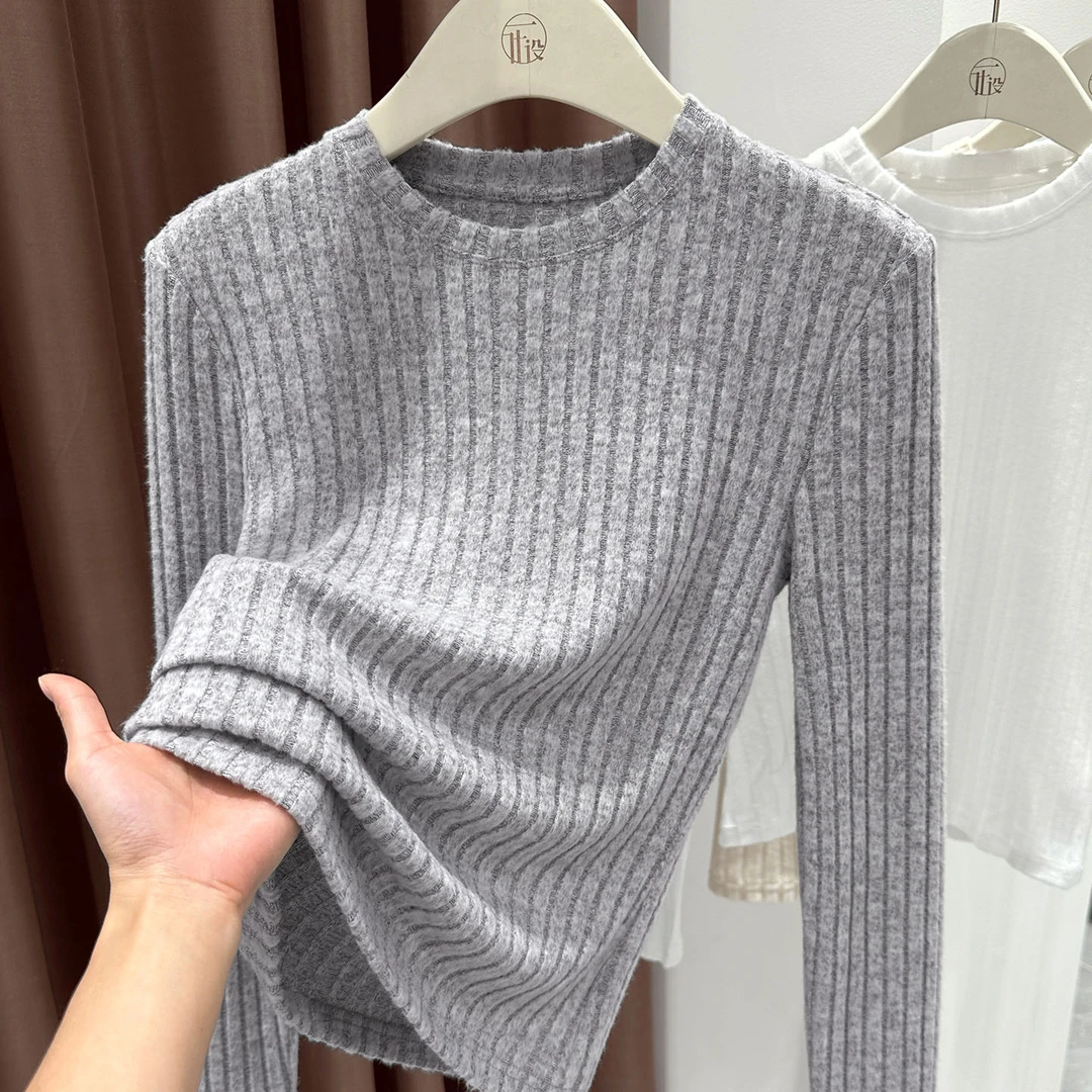 灰色简约圆领磨毛亲肤上衣女秋冬新款长袖软糯修身套头T恤打底衫