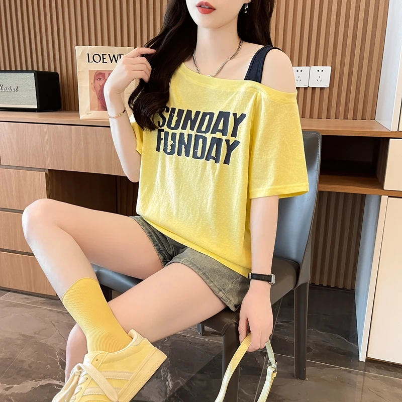 夏季拼色纯棉斜领短袖T恤女2025新款爆款网红宽松大码半袖上衣ins