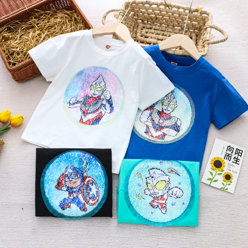 男童新款变色亮片短袖儿童夏季纯棉半袖