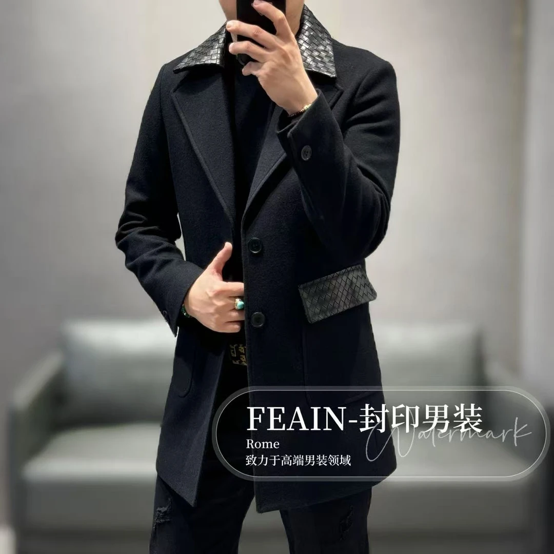 【牛皮编织羊毛】高端定制一手长胎牛皮编织男士羊毛大衣553