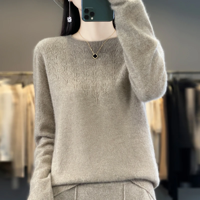 【一线成衣】100羊毛圆领镂空女羊毛衫百搭减龄打底衫