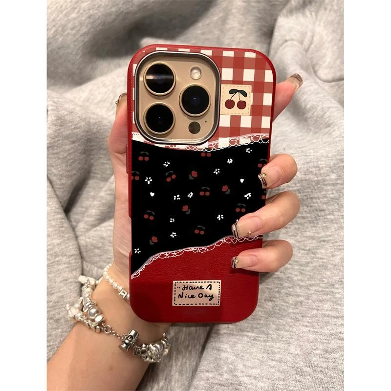 奥菲顿复古红格纹碎花适用iPhone16/15pro荔枝纹金属框手机壳13套