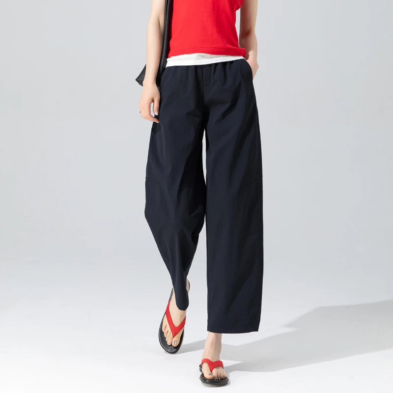 免烫抗皱阔腿裤女夏薄款高级感藏蓝色裤子舒柔特女士松紧腰直筒裤