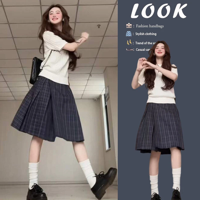 夏季穿搭一整套2025新款韩版显瘦短袖T恤百搭格子半身裙两件套装