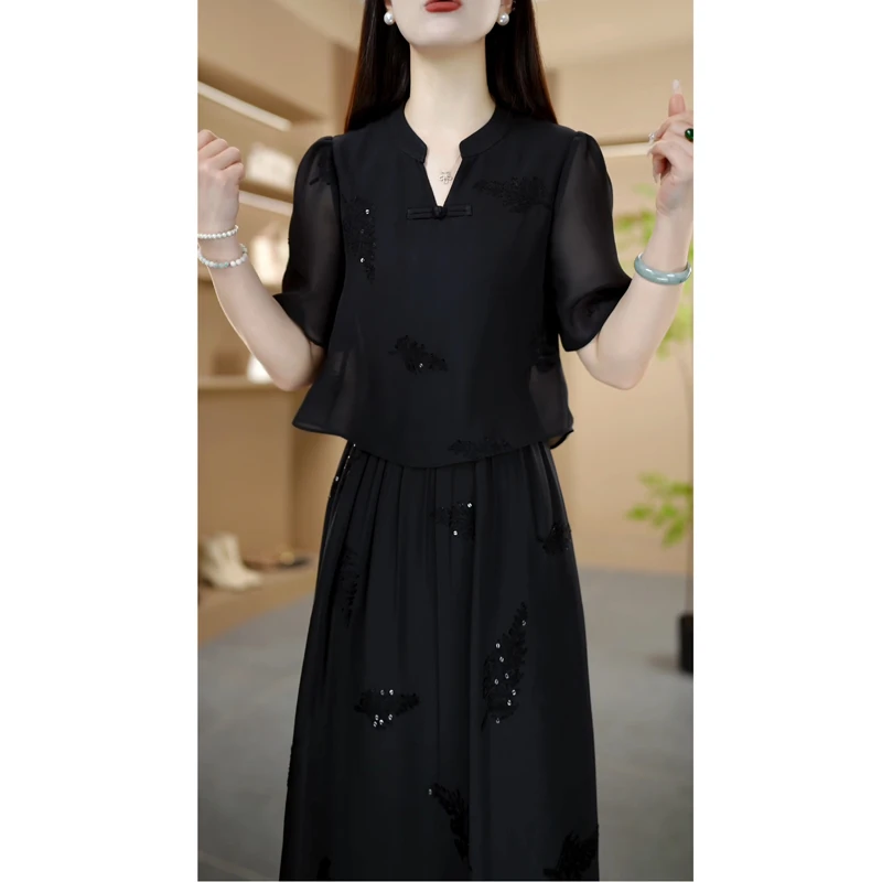 中长款黑色短袖连衣裙女夏2025新款遮肚显瘦高级感显瘦气质假两件