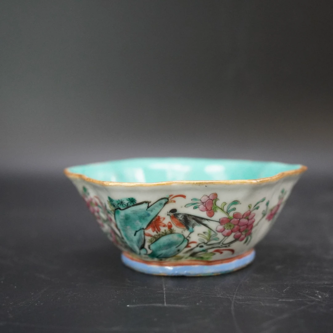 Lot.25100605清同治粉彩花鸟纹花口碗 高：约5.2cm长：约13.7cm