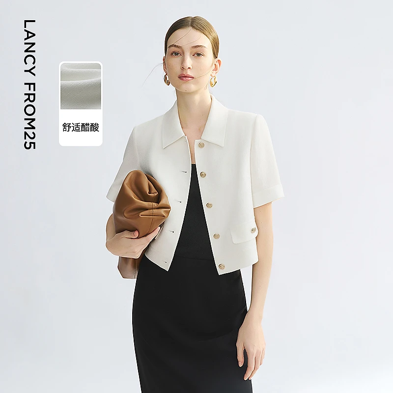 朗姿醋酸黑白气质小香风翻领短袖薄外套2025年夏季新款通勤短上衣
