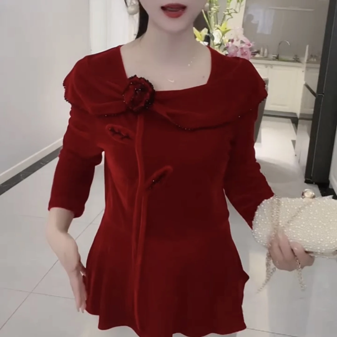 时尚拼接丝绒显瘦国风风格打底衫622