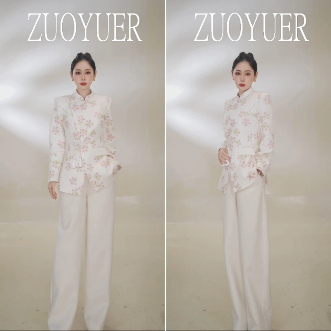 【Z.YE】冬季新中式白色印花设计师上衣绣花时尚套装女装25951