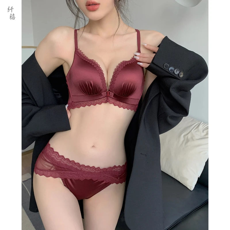 内衣女聚拢小胸平胸专用文胸套装不空杯aa杯蕾丝无痕加厚胸罩前扣