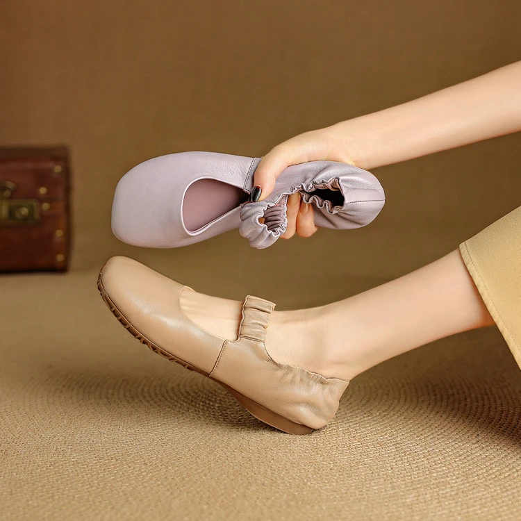 头层羊皮1.5cm～法式复古舒适玛丽珍软底百搭一脚蹬女单鞋夏季粗跟