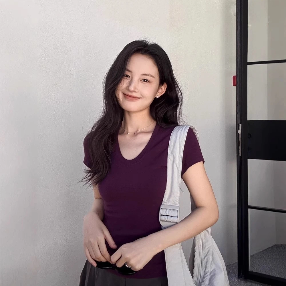 葡萄紫正肩圆领针织短袖t恤女夏季韩系百搭小个子气质显瘦上衣薄