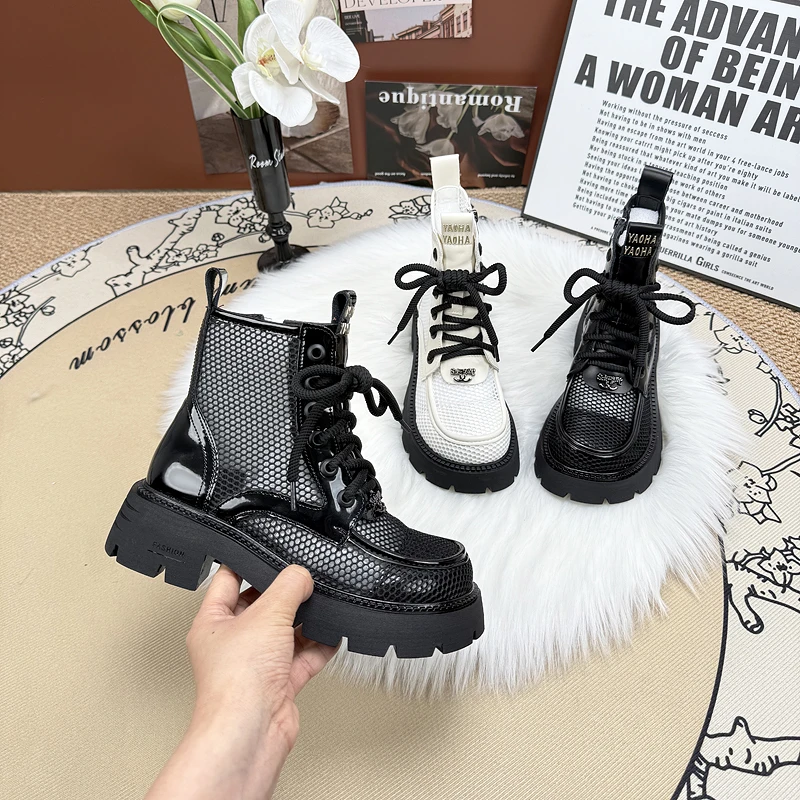 厚底漆皮马丁靴女2025夏季新款英伦风爆款网纱透气增高显瘦凉短靴