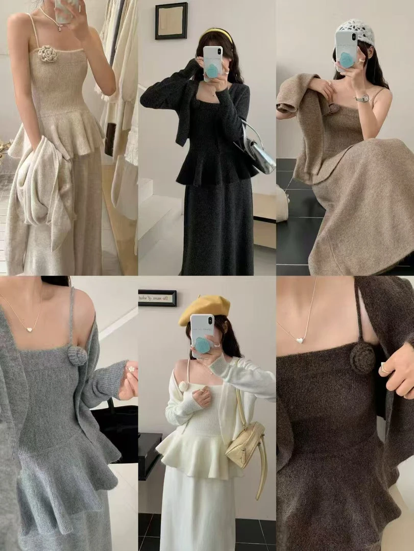 Y1638#法式温柔风套装花朵针织开衫外套吊带背心高腰半身裙三件套