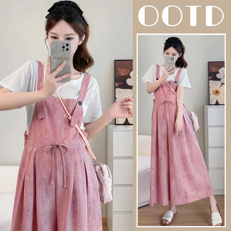 孕妇套装阔腿裤洋气时尚遮肚子夏季新品遮肉宽松减龄背带裤外穿