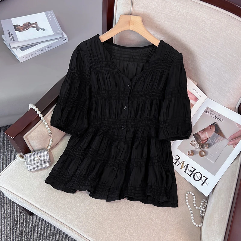 季念大码女装时尚V领气质衬衫春季2025新款爆款胖mm遮肚显瘦上衣