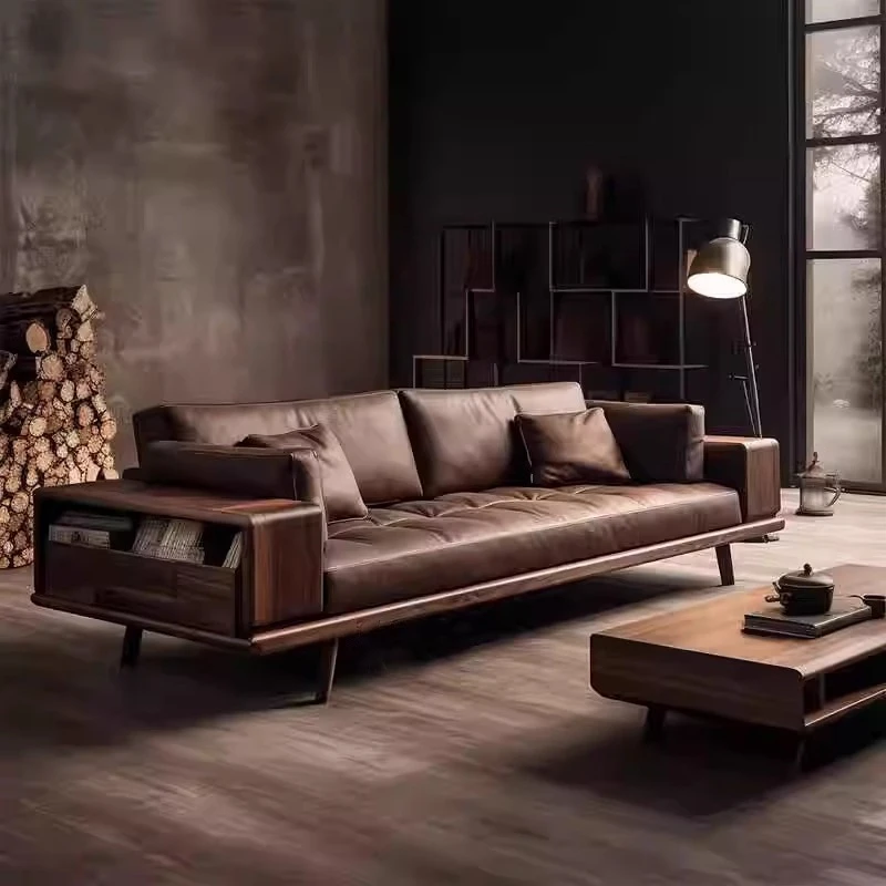 新中式实木直排沙发2025新款高端胡桃木真皮储物客厅小户型沙发