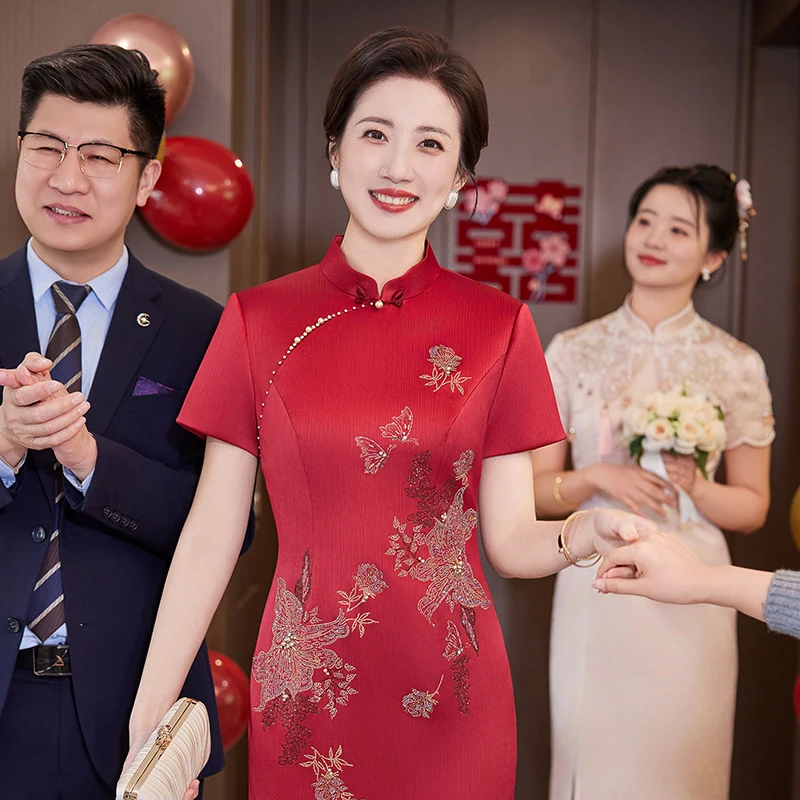 喜嘉喜立领婚礼旗袍酒红色回门中国风新娘高贵喜婆婆婚礼服装1332