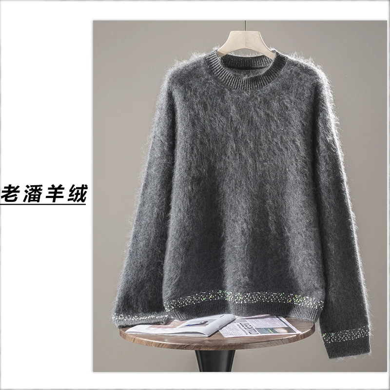 【老潘】手工钉珠羊绒衫落肩袖韩版圆领提花Q5727