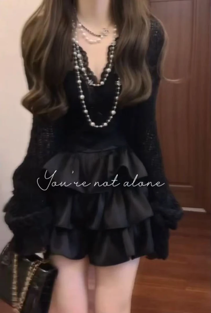 黑色性感辣妹纯欲蕾丝吊带上衣黑开衫上衣小众设计修身半身裙时尚