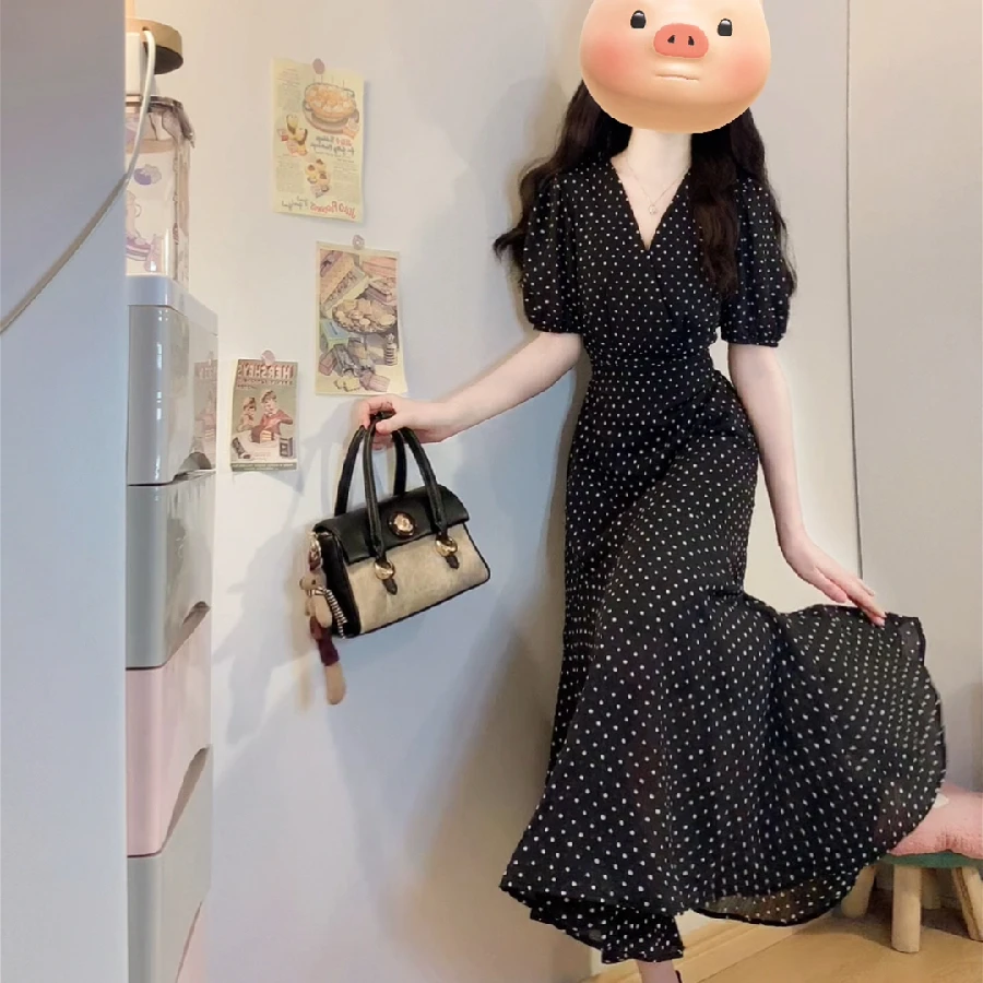 大码【暗香疏影】波点v领连衣裙夏季新款设计感收腰显瘦气质鱼尾裙