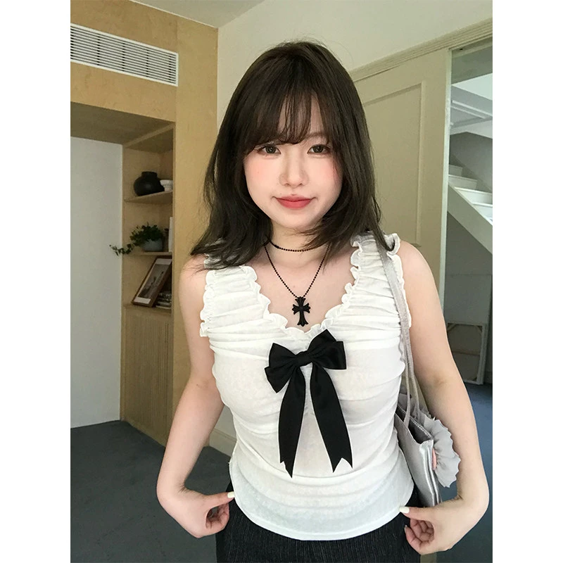 Vegetable Orbs心动讯号 甜美风蝴蝶结背心女外穿褶皱v领无袖上衣