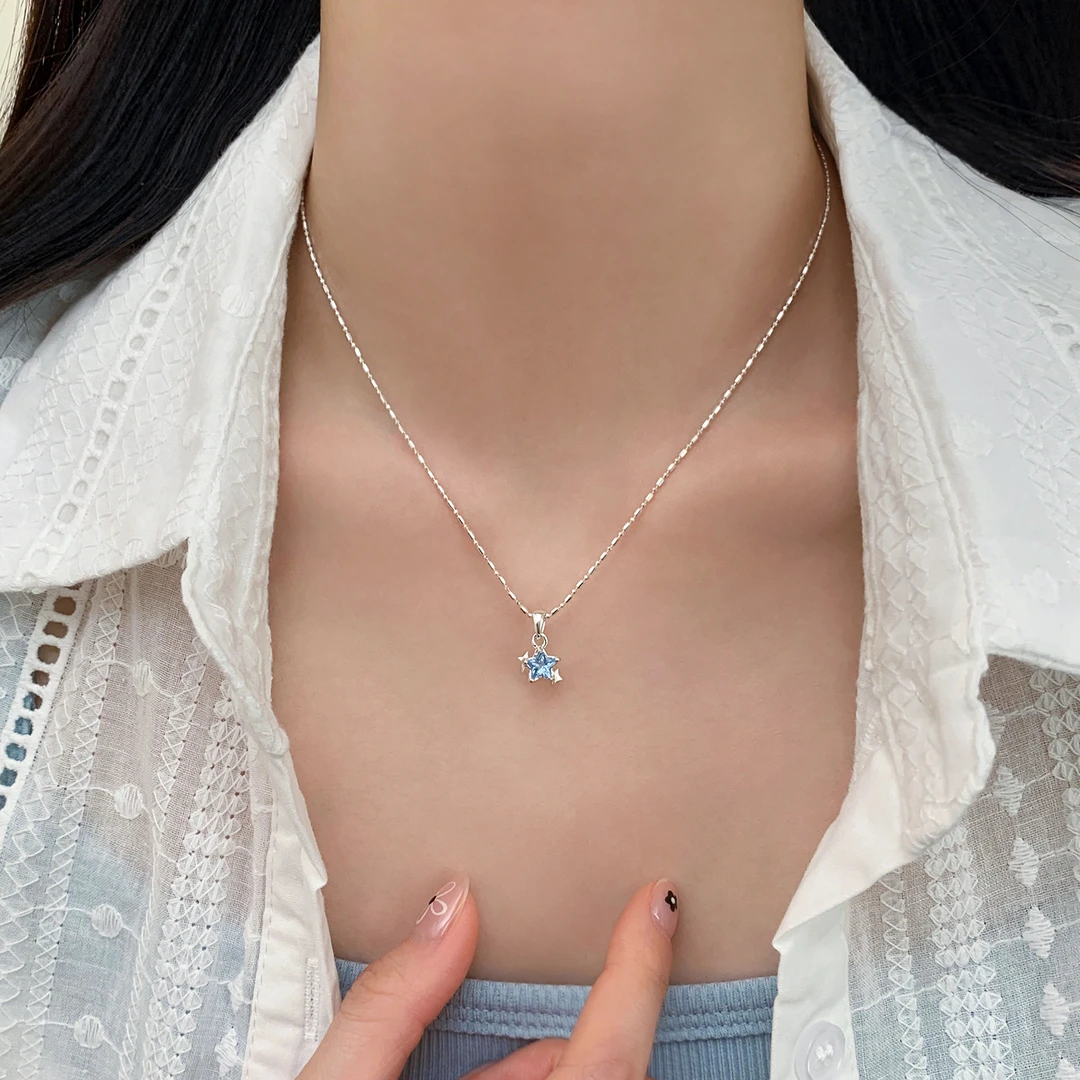 坠链均925银 925纯银蓝色星星项链清新甜美设计感锁骨链女小众ins