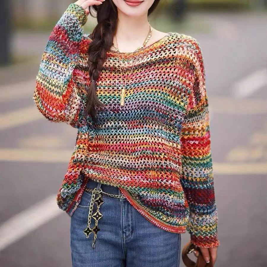 鑫欣阿玛施艾正2025秋冬新款彩虹混色针织衫毛衣纯欲慵懒风女装