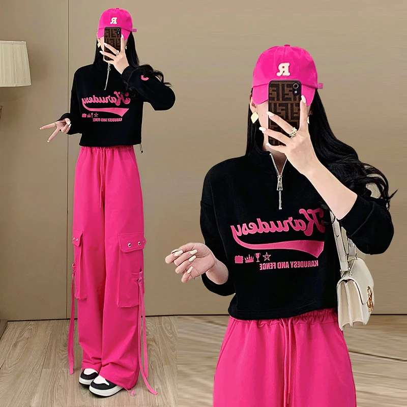 2025年春装时尚套装女装高领翻领卫衣搭配宽松工装裤两件套显瘦