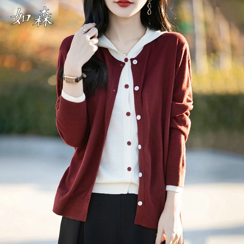 时尚宽松连帽假两件开衫外套春秋款2025新款上衣大码外搭针织毛衣