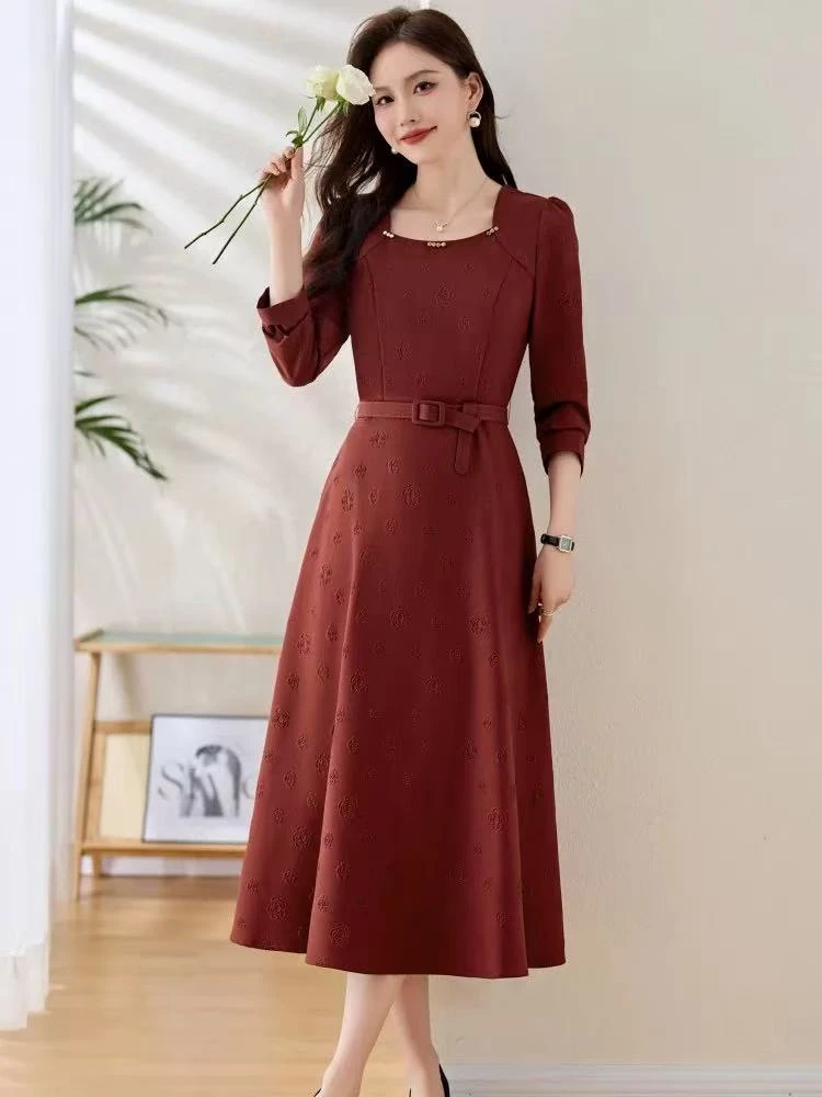 【Y3477】红色连衣裙女春秋新款高端法式气质名媛收腰显瘦中长裙子