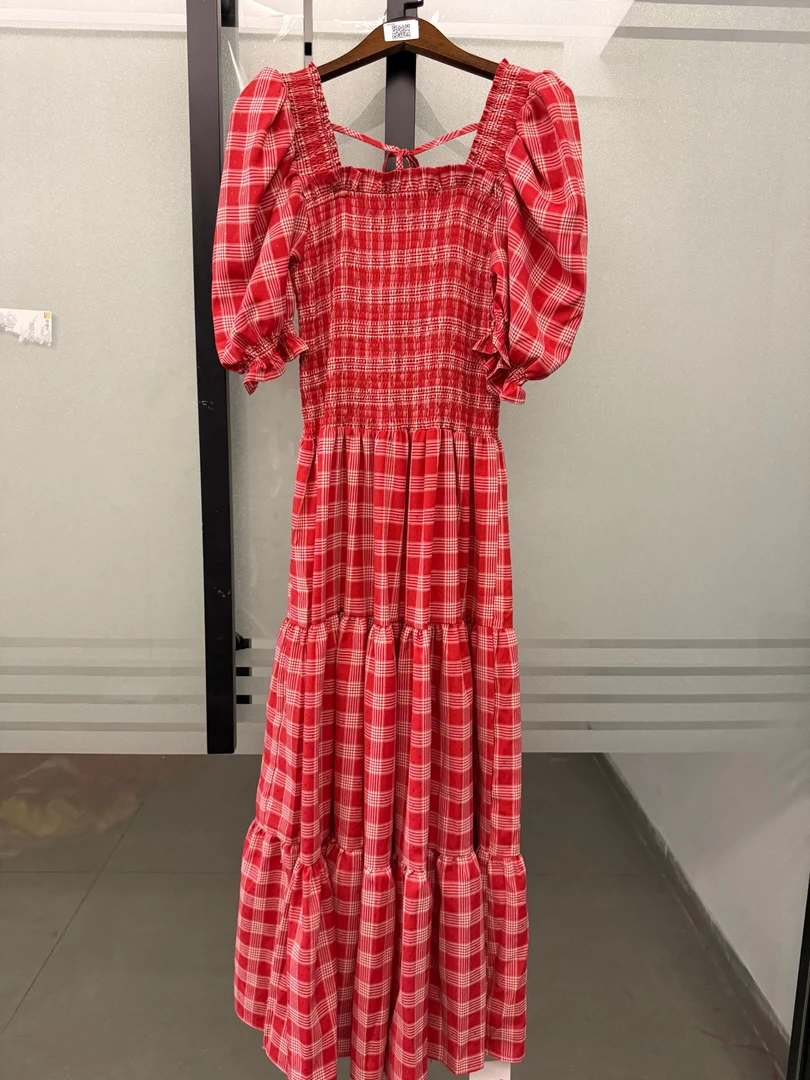 新品【番茄色格子】网红黄白格长裙优雅甜美显白显年轻收腰显瘦长裙