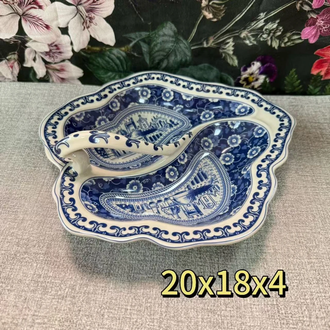 欧洲名画 cz 青花 亭台楼阁 果盘 分格盘