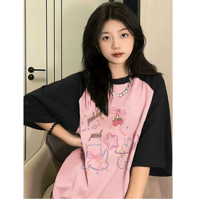 卡通线条猫咪拼色短袖女插肩大码拼接T恤胖妹妹夏季学生半袖上衣