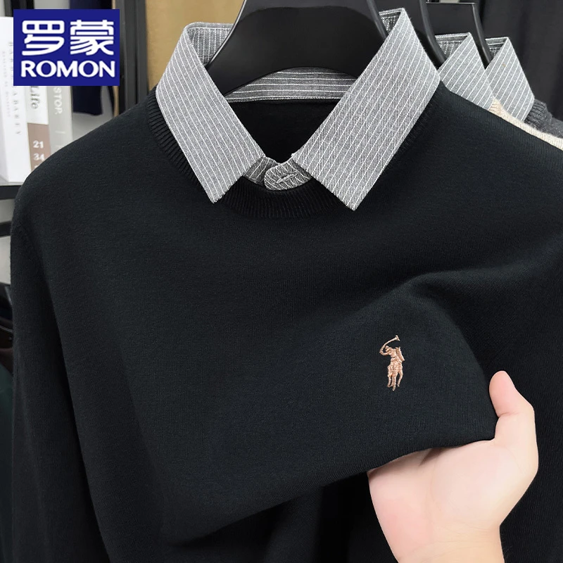 罗蒙轻奢刺绣休闲男士百搭衬衫领绵羊毛毛衣针织衫长袖打底假两件
