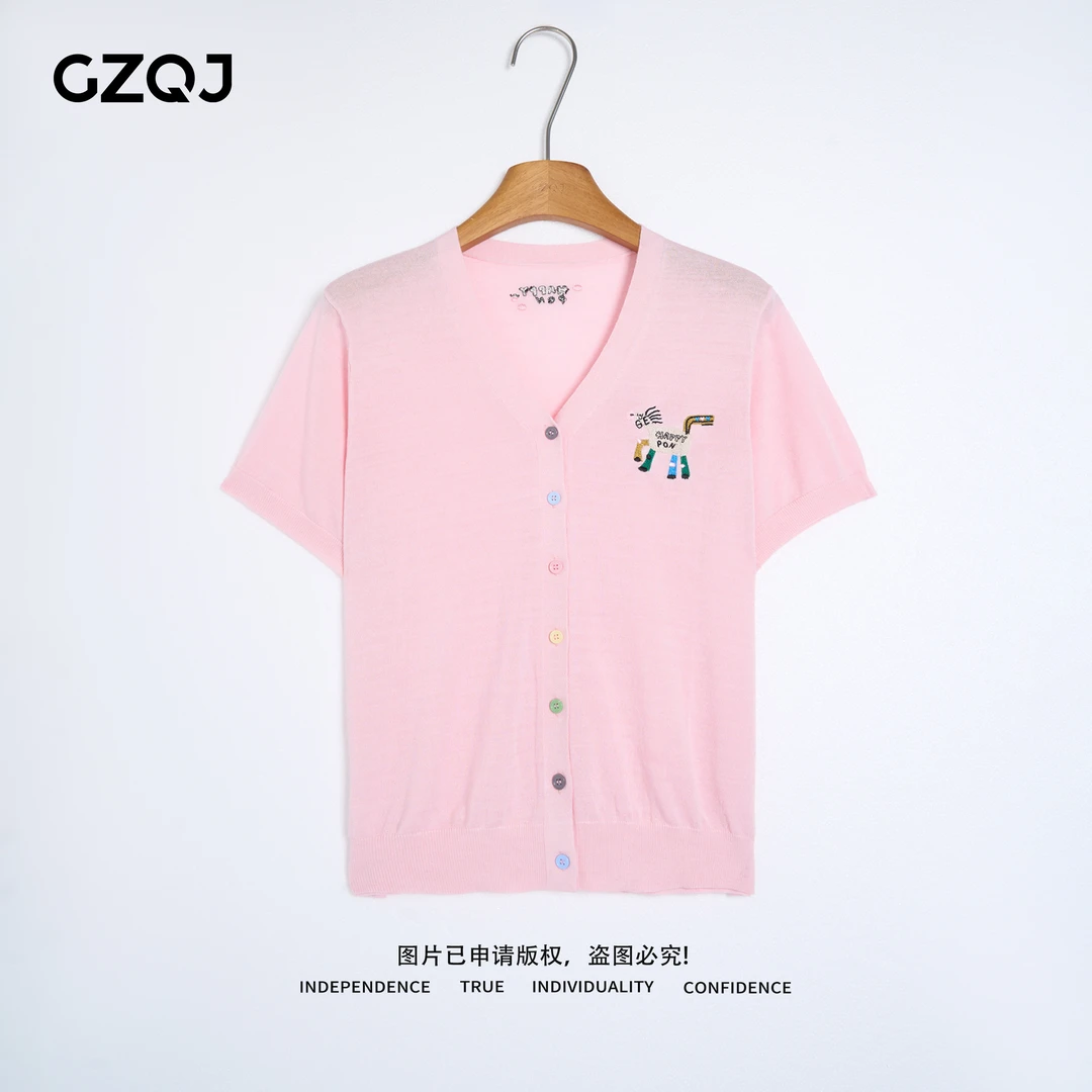 广州琴姐【七彩小马】欧若风时尚V领针织开衫短袖T恤上衣女夏98170