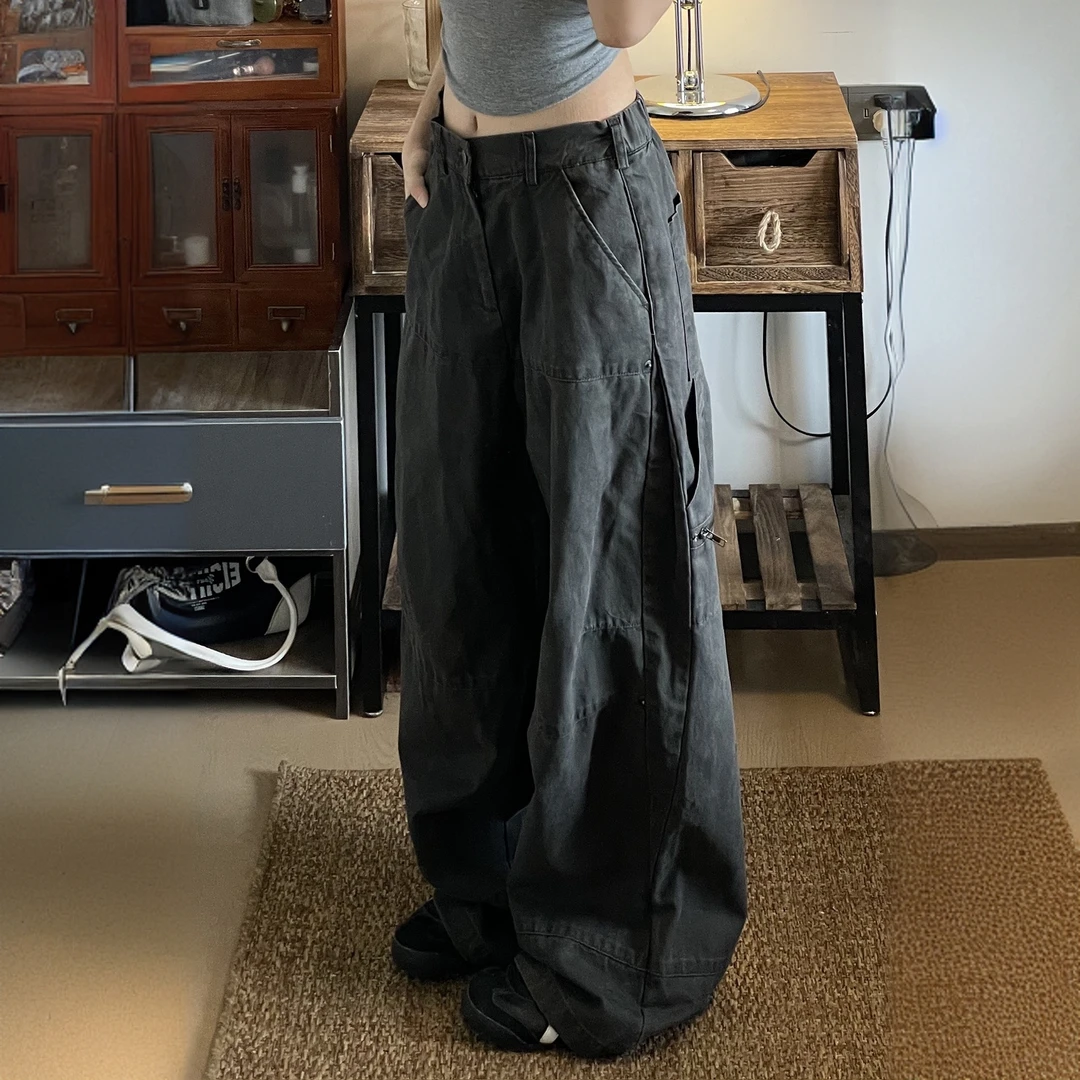 做旧美式港风休闲长裤女新款显瘦阔腿裤常规宽松直筒裤夏季工装裤