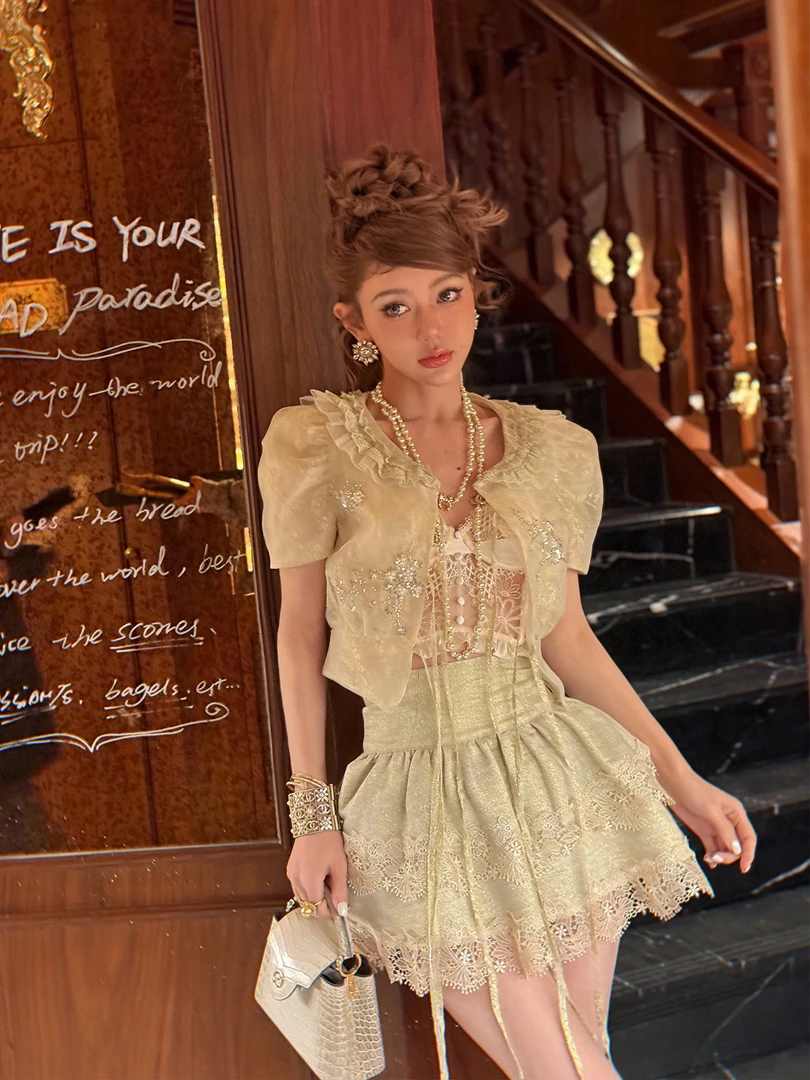 孙瑜儿【童话镇】夏日花苞短袖气质上衣显瘦短裙两件套夏季