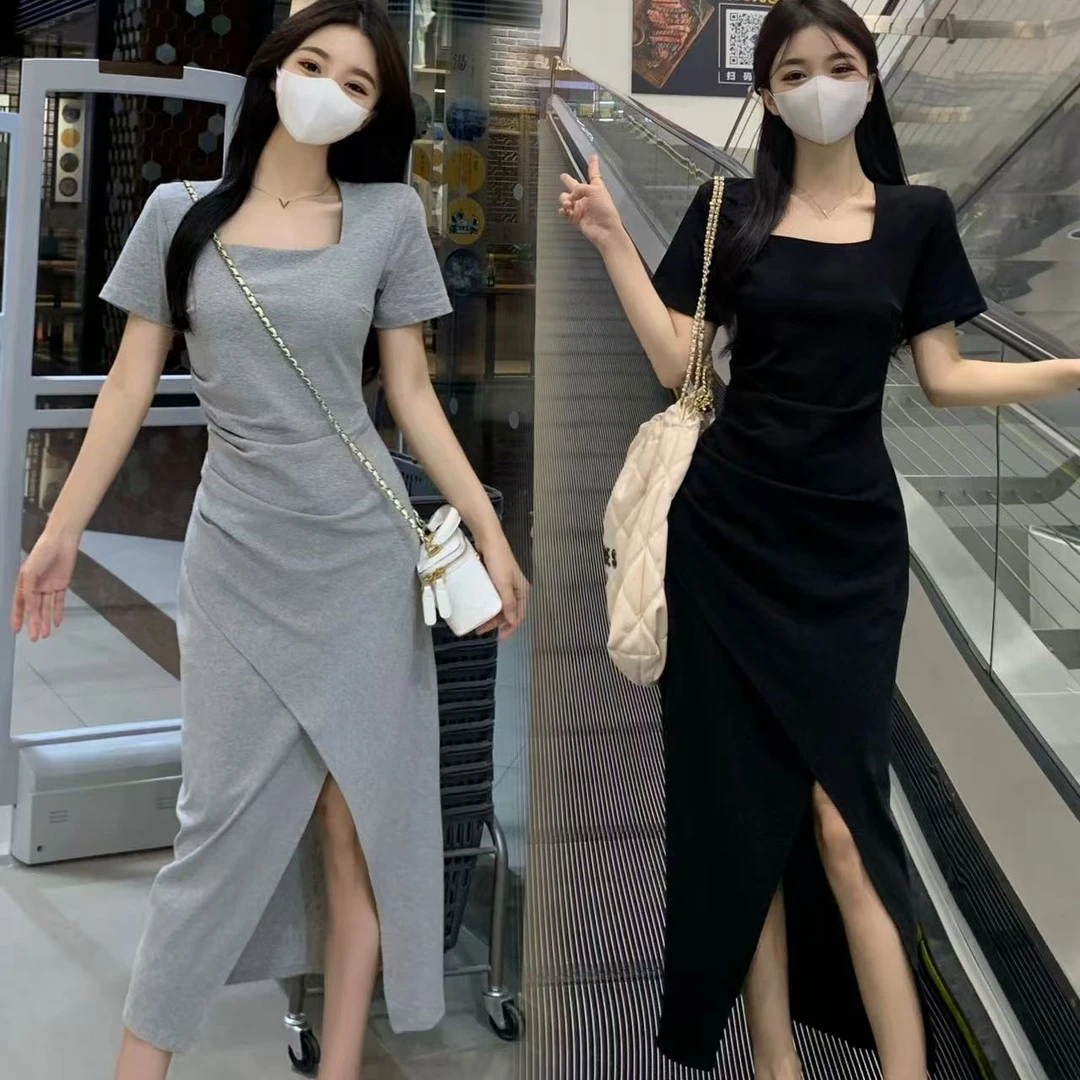 大码女装遮肚子赫本风收腰显瘦连衣裙女夏季胖mm不规则方领小黑裙