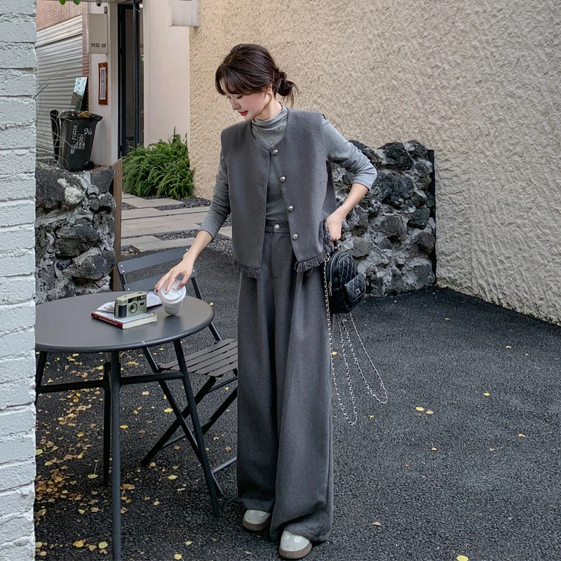 松弛感韩系套装裤女2025春秋新款气质显瘦马甲打底衫阔腿裤三件套