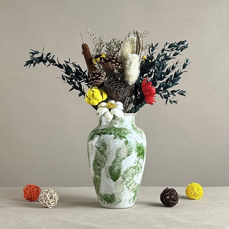 手绘图案格纹侘寂风陶罐装饰摆件高级感中式陶瓷花瓶客厅插花花瓶