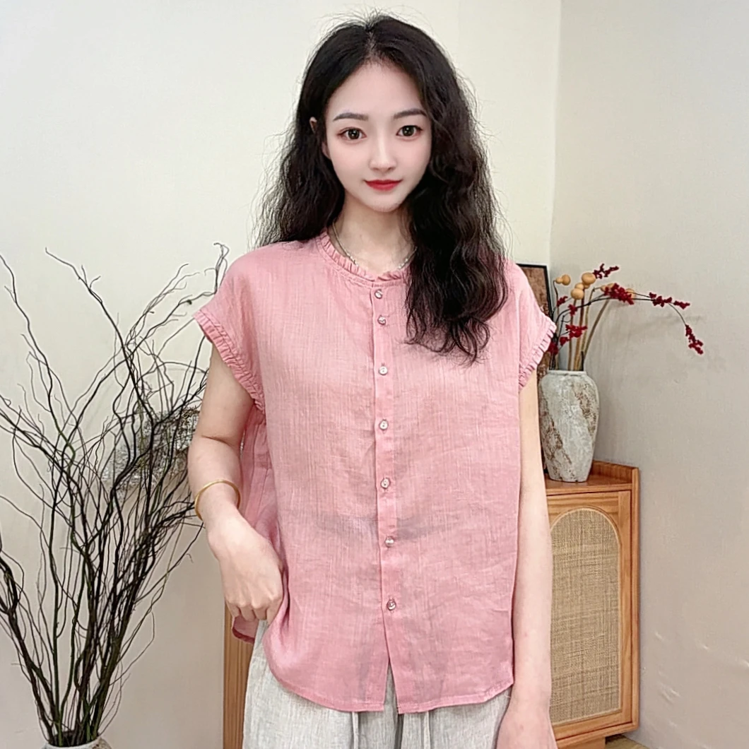 夏季女士苎麻纯色木耳边拼接短袖单排扣衬衫洋气减龄透气防晒开衫