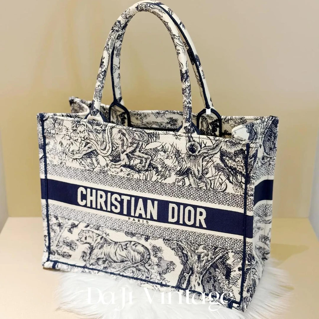 99新 DIOR/迪奥 大吉中古/Dior迪奥蓝白动物园刺绣中号托特手提包