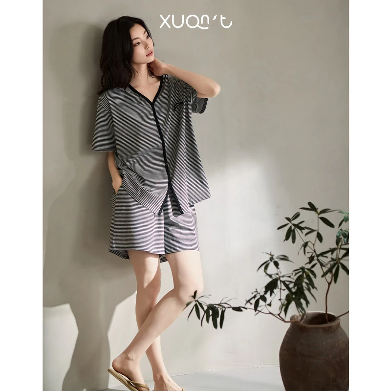 轩之婷夏天睡衣女纯棉短袖短裤时尚条纹V领可外穿薄款家居服套装